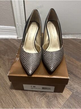 Audrey Brooke Black and Tan Snake-Effect Pointed Toe Pumps